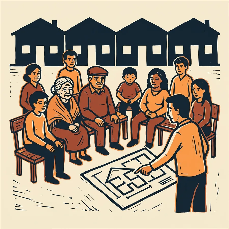 Ilustración de una reunión de junta de vecinos: vecinos de todas las edades sentados mientras un arquitecto les muestra un plano, con las casas de la villa al fondo