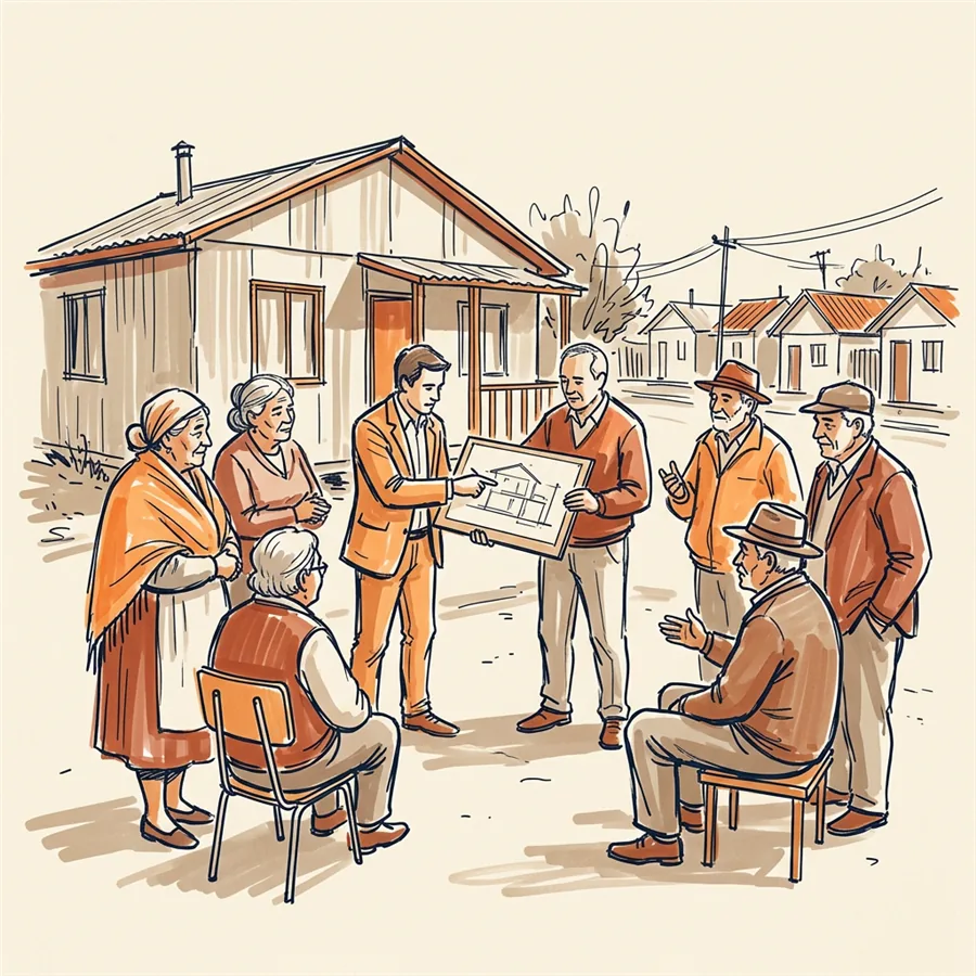 Ilustración del equipo en terreno, mostrando un plano a un grupo de vecinos frente a las casas de la villa